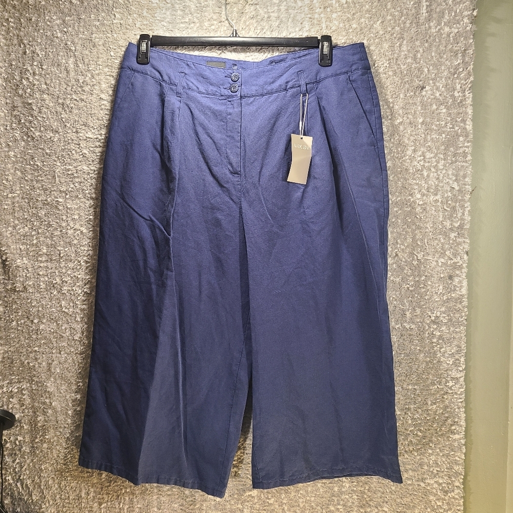 Madeleine Womens Linen Blend Capri Blue Pants Size 18 Pockets NWT